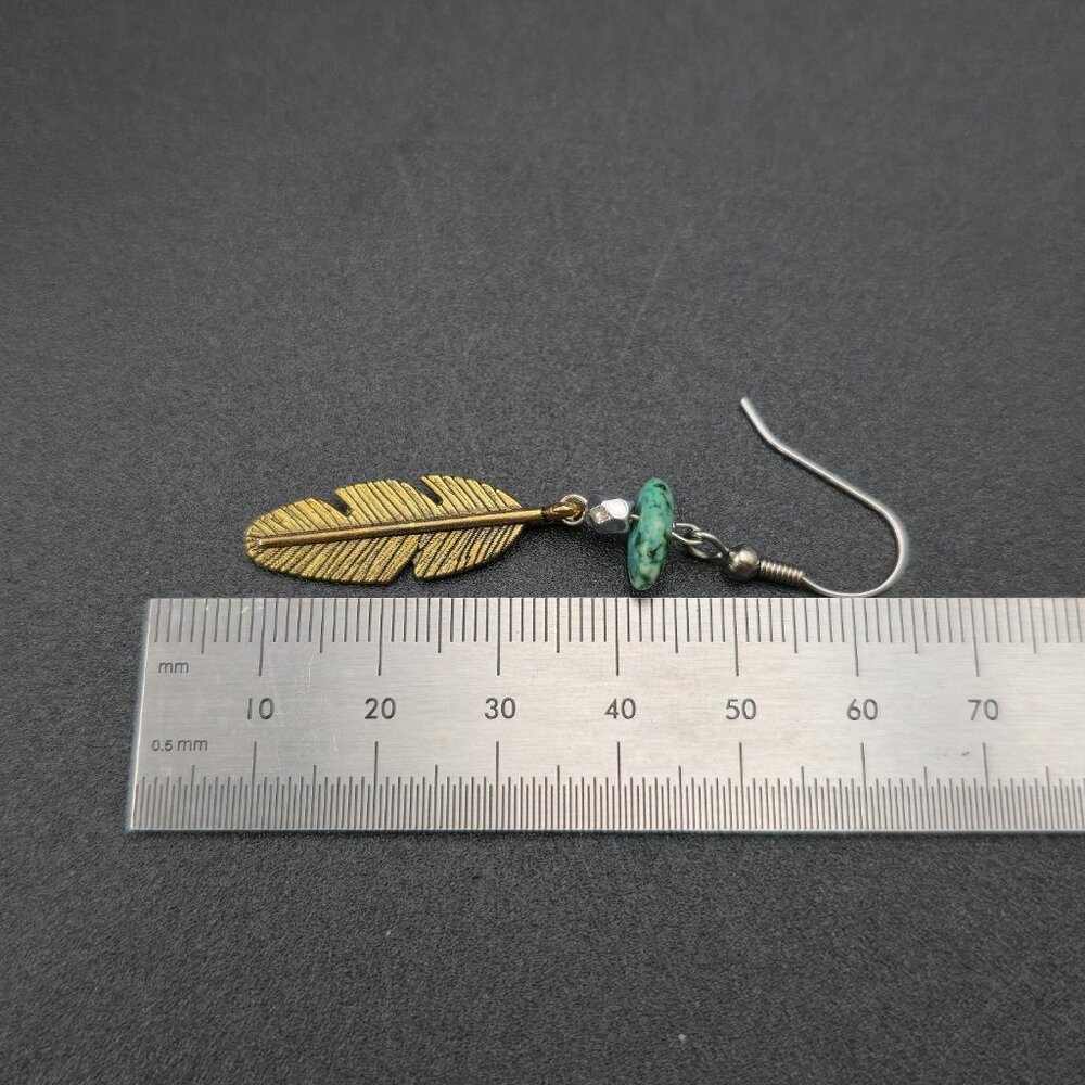 Silver Plated Turquoise Stone Brass Feather Earrings A6985 - Picture 4 of 5
